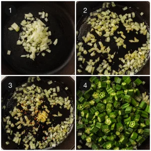 Onion, garlic, and chili softening in a cast iron skillet