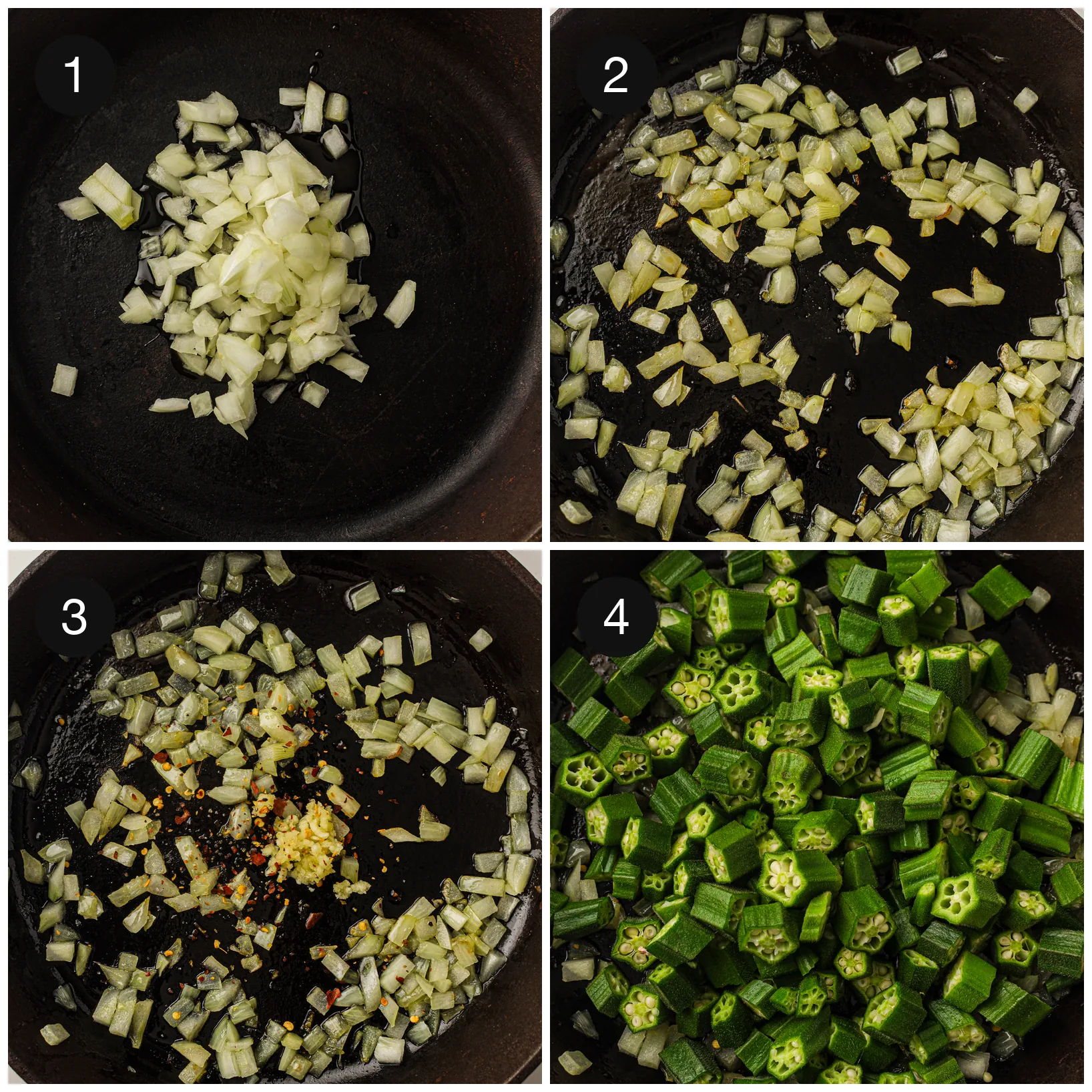 Onion, garlic, and chili softening in a cast iron skillet