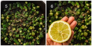 Seasoned okra in the skillet, finished with a squeeze of lemon