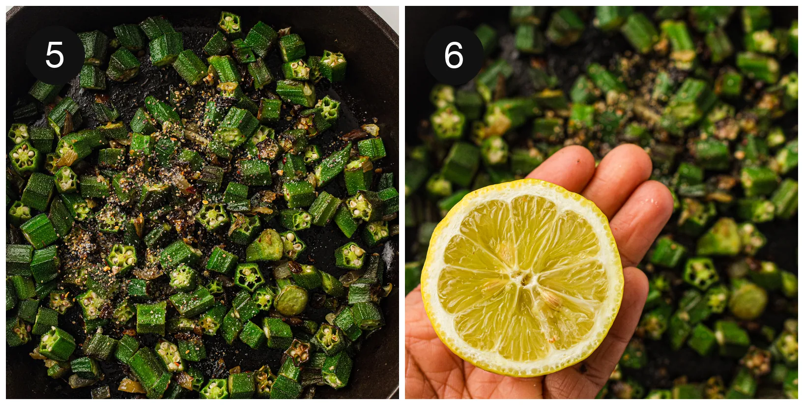 Seasoned okra in the skillet, finished with a squeeze of lemon