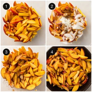 Sliced fruit tossed with sugar and cinnamon in a baking dish