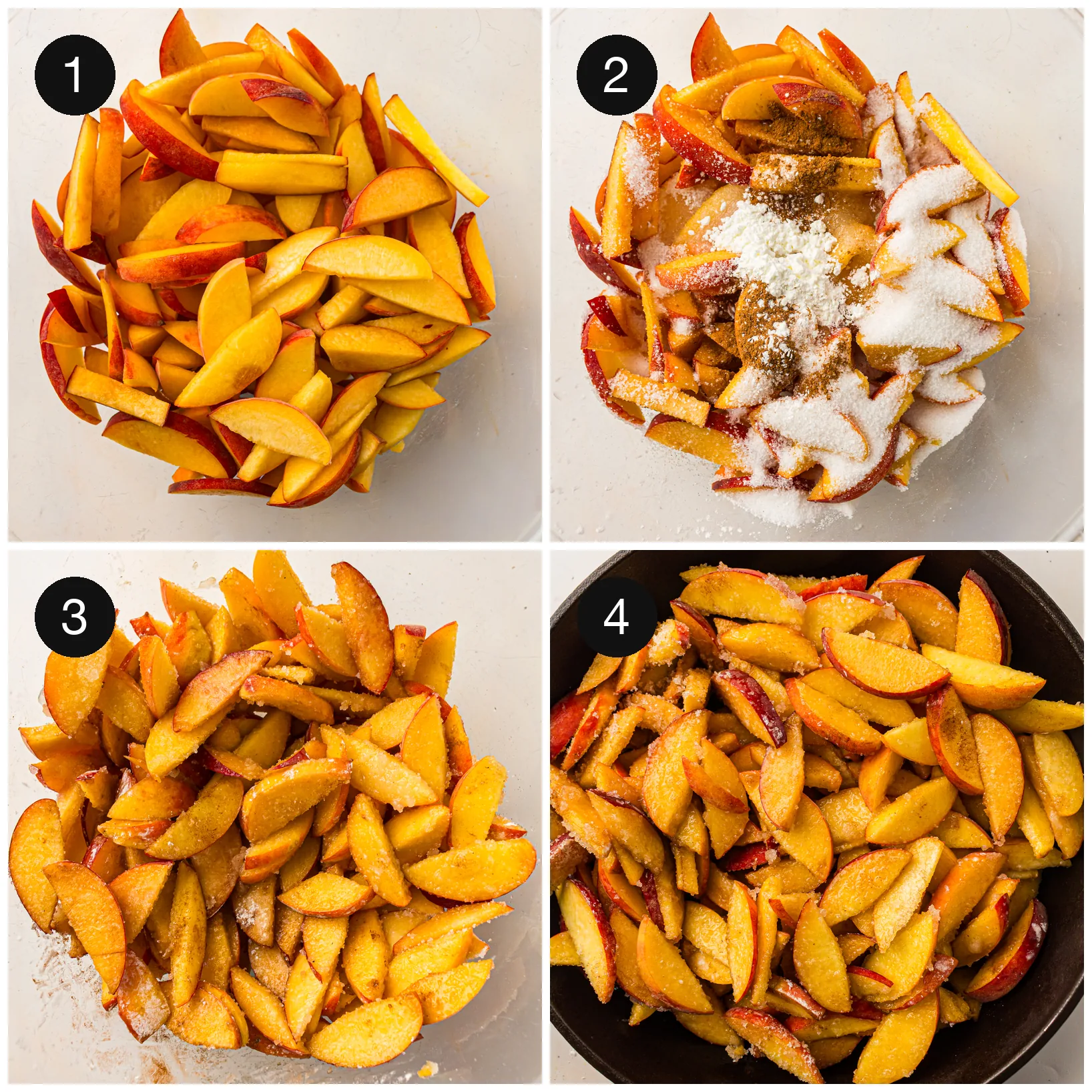 Sliced fruit tossed with sugar and cinnamon in a baking dish