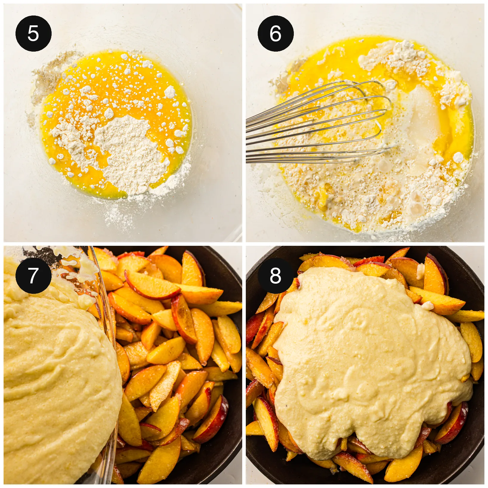 Batter poured evenly over the fruit before baking