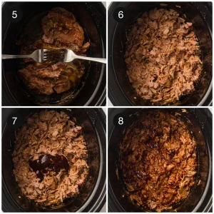 Shredded meat tossed in glossy barbecue sauce