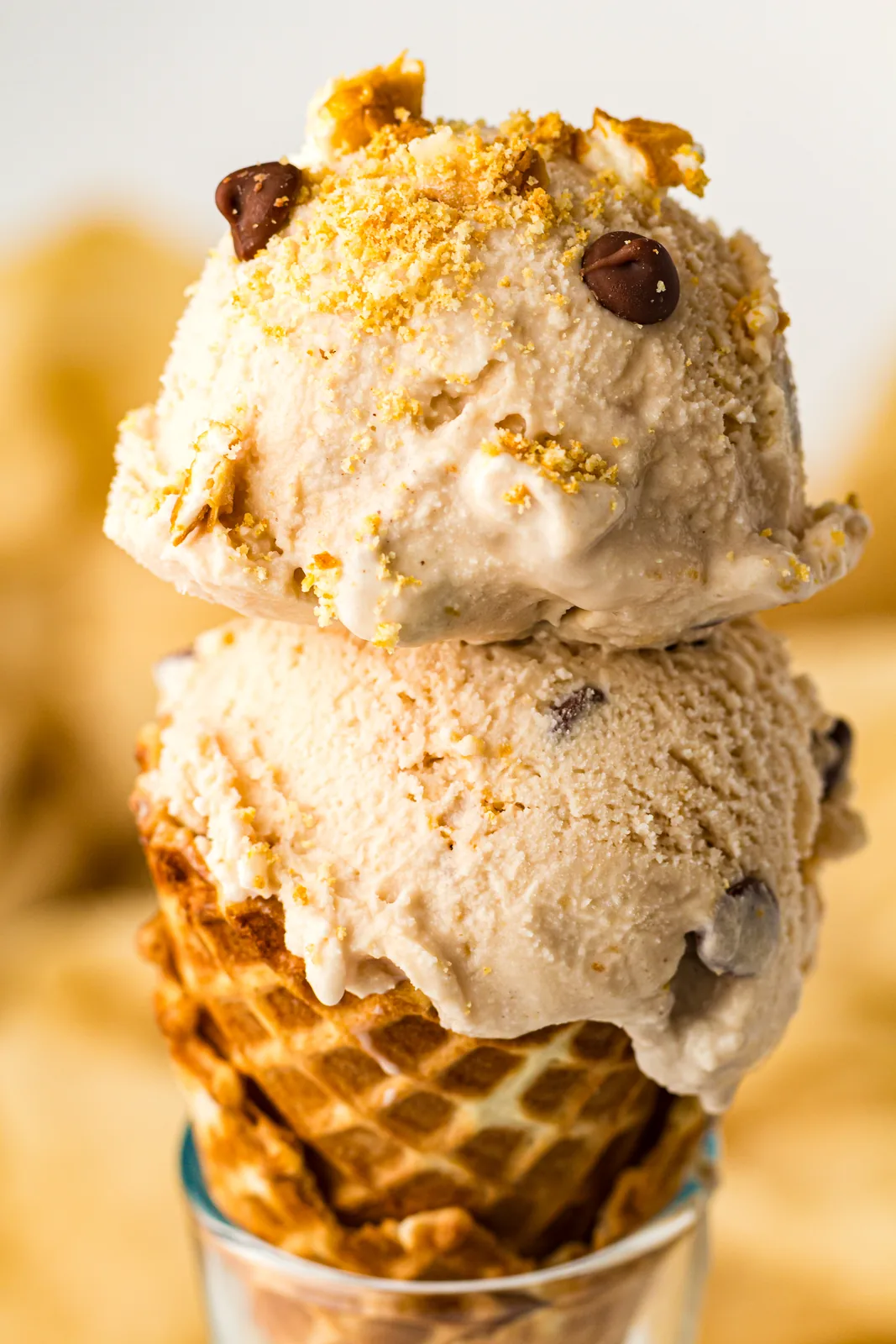 S'mores ice cream on a waffle cone with graham crumbs