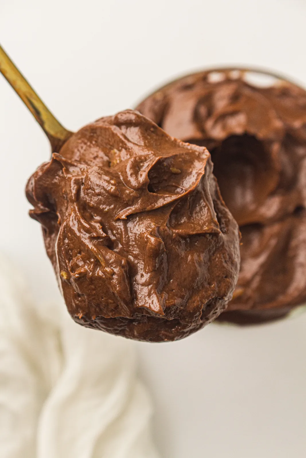 A spoonful of thick, silky, dark cocoa dessert