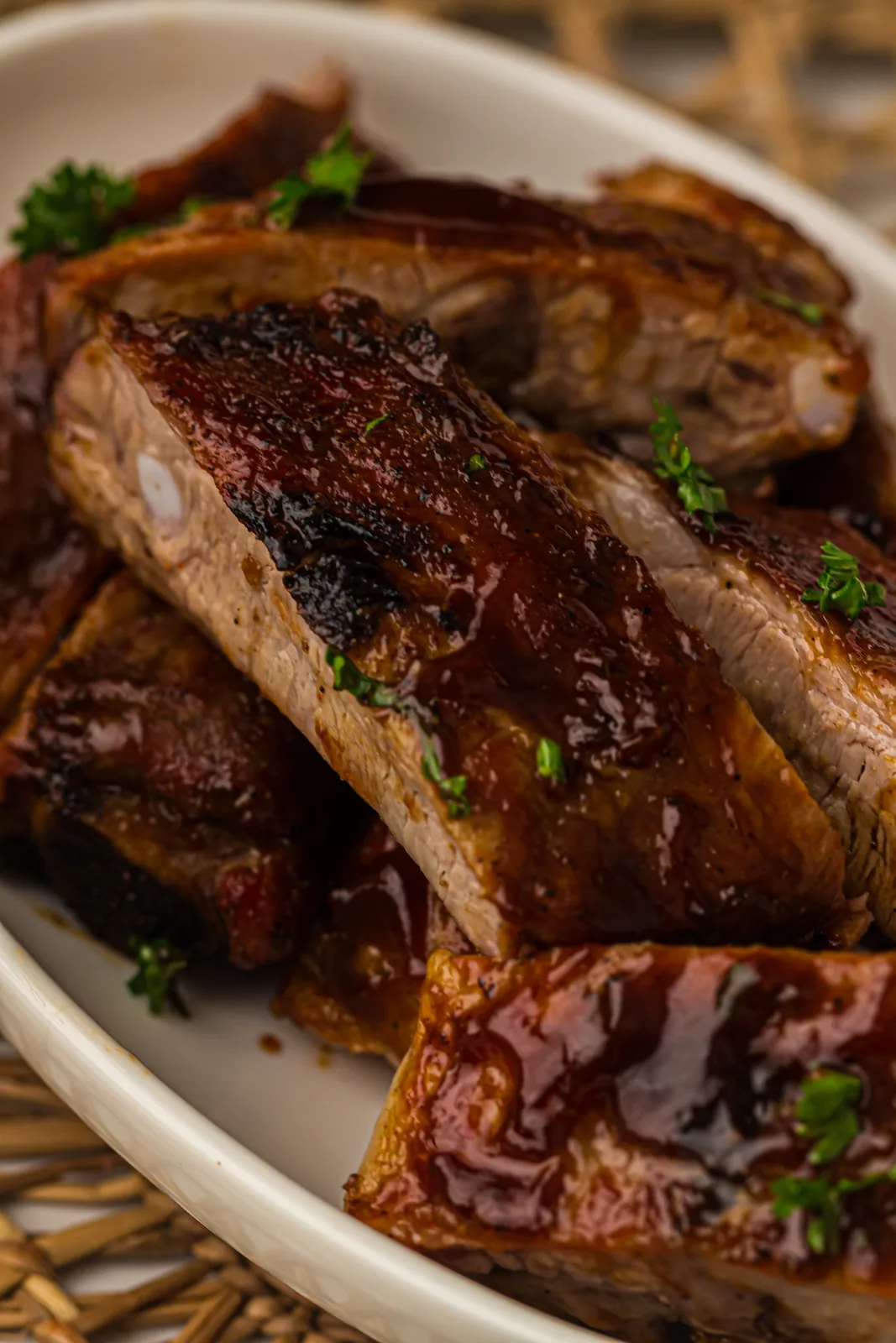 A platter of sticky, glazed barbecue pork ready to serve