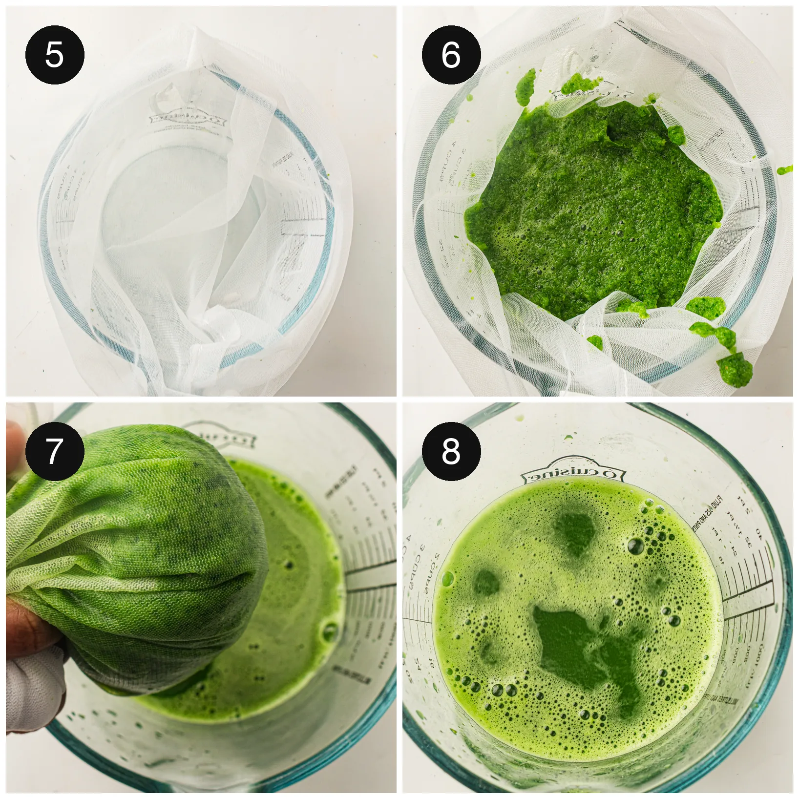 Straining the blended drink through a nut milk bag into a measuring cup