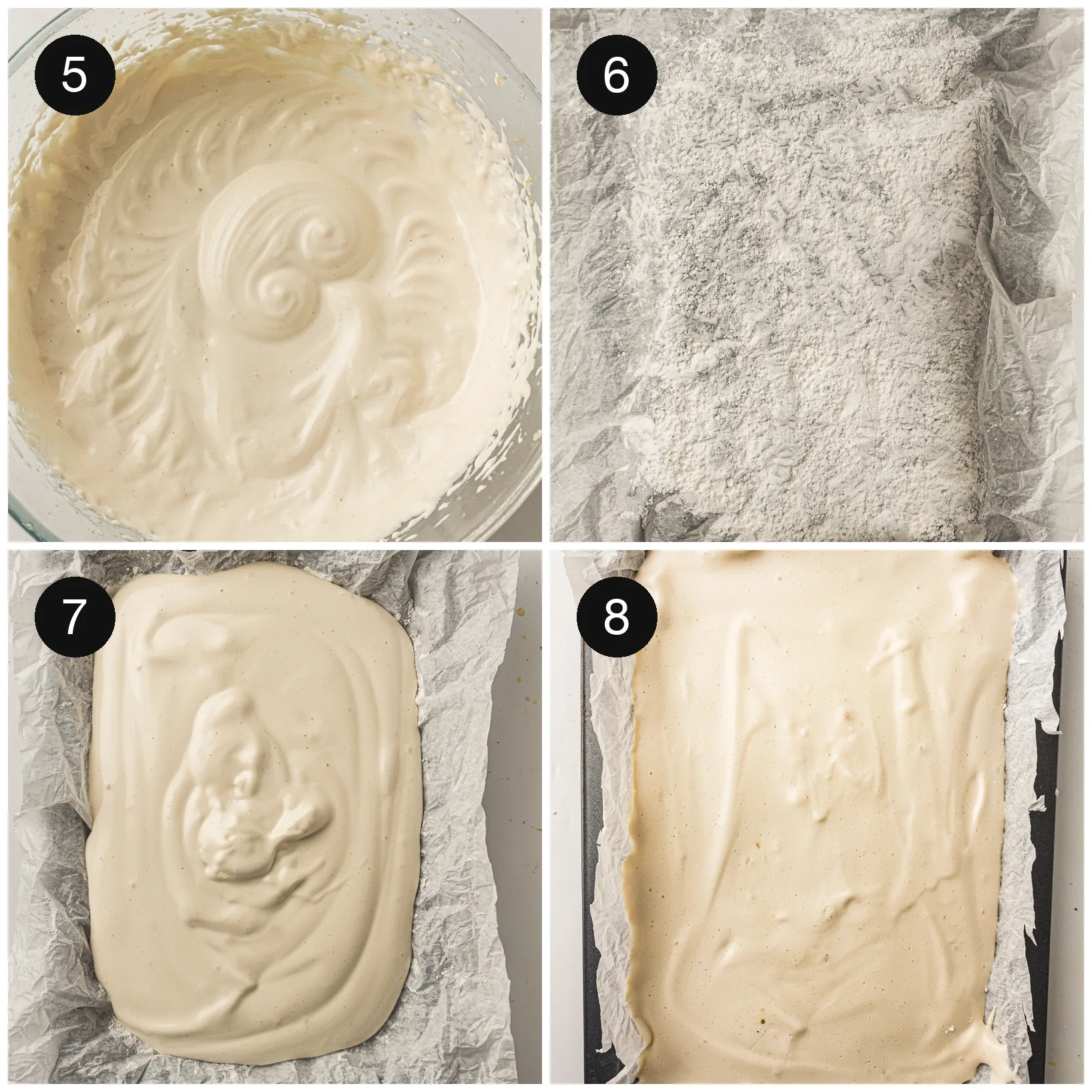 The whipped mixture spread into a lined pan and smoothed flat