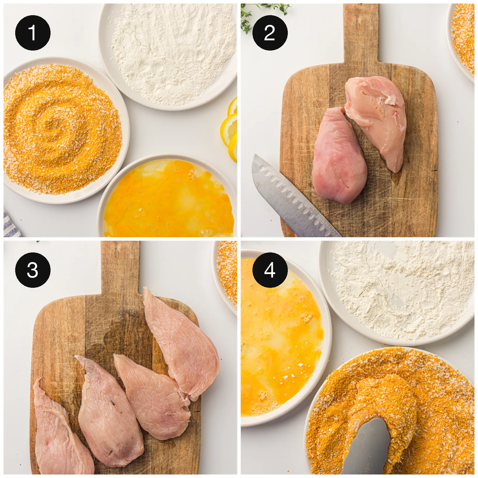 Three shallow bowls set up with flour, beaten egg and seasoned crumbs