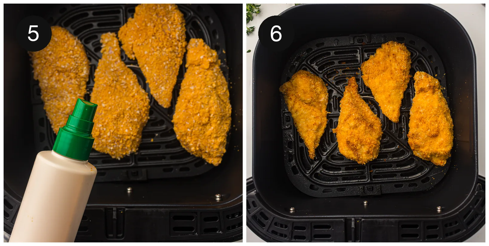 Breaded pieces laid flat in the basket and sprayed with oil
