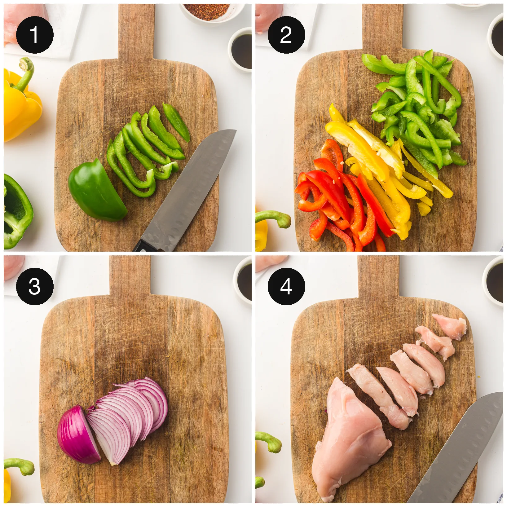 Chicken sliced into thin even strips on a board