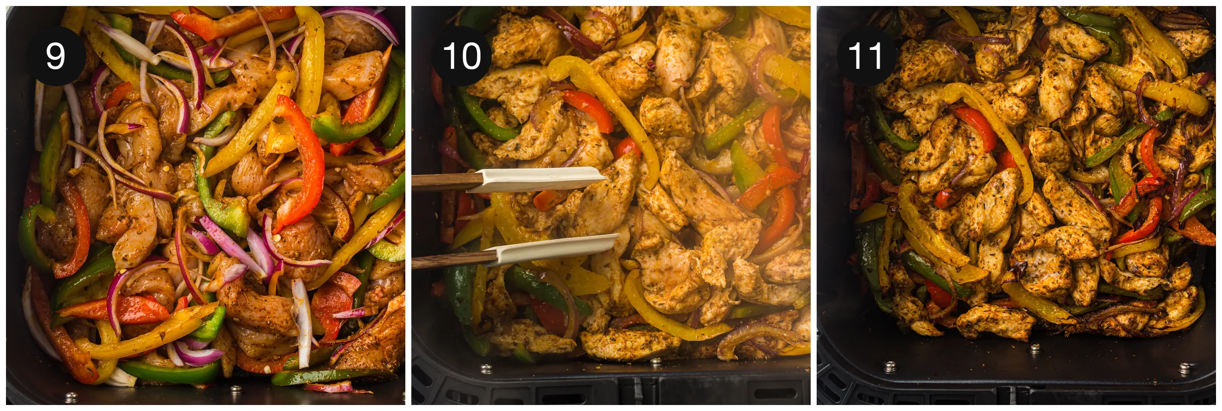 Cooked strips and blackened pepper edges in the basket