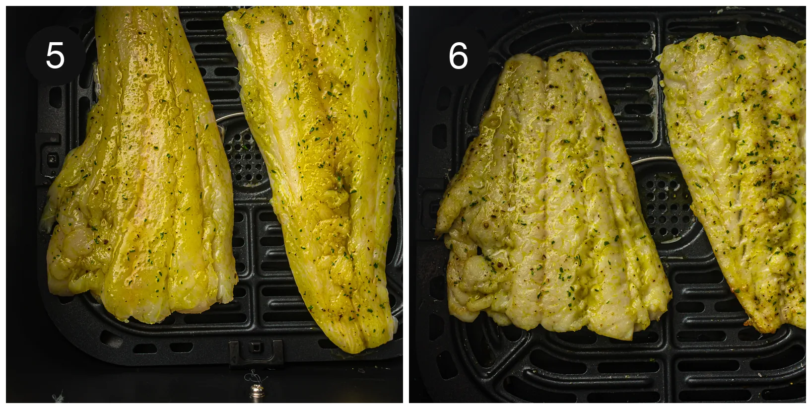Brushed white fish fillets laid flat in the basket