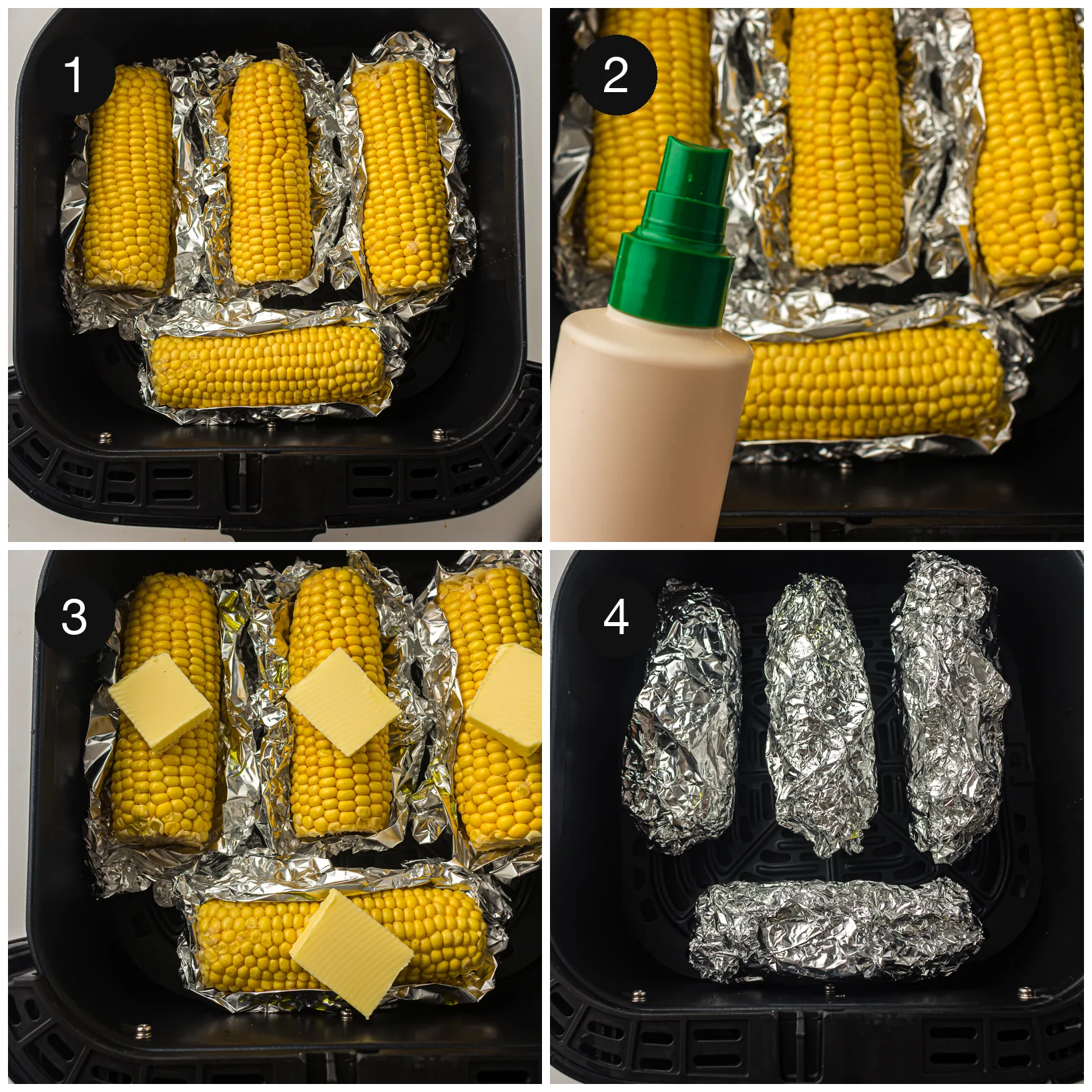Sweetcorn ears sitting on foil sheets with pats of butter, then sealed into parcels