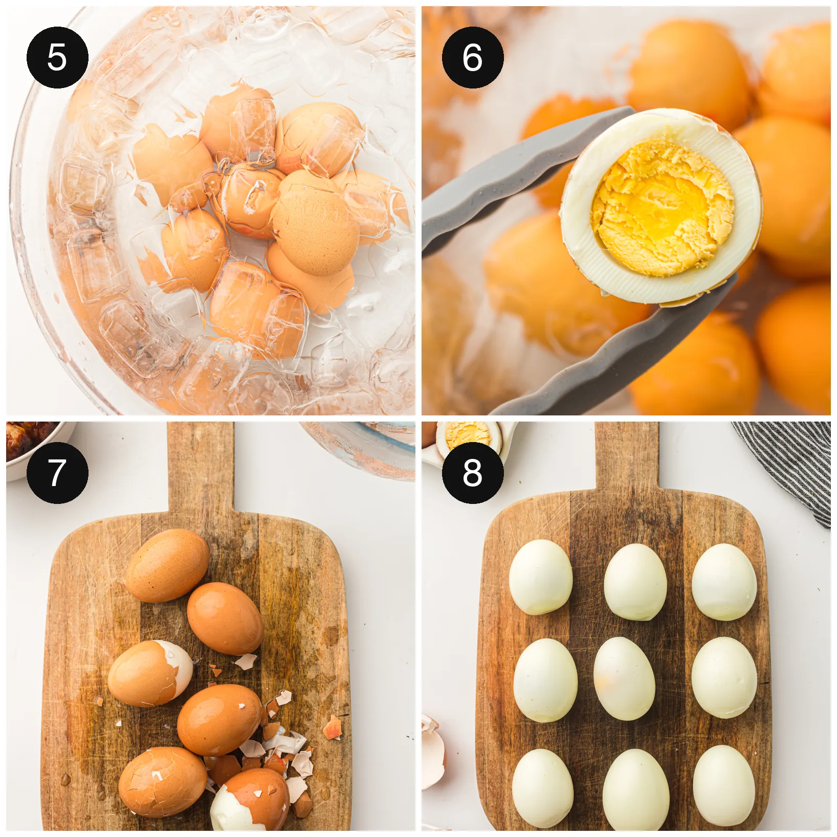 Cooked eggs cooling in a bowl of iced water