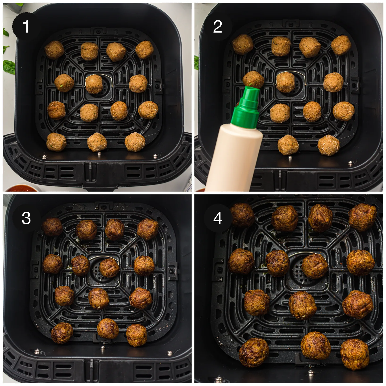 Frozen meatballs spread out in a single layer in the basket