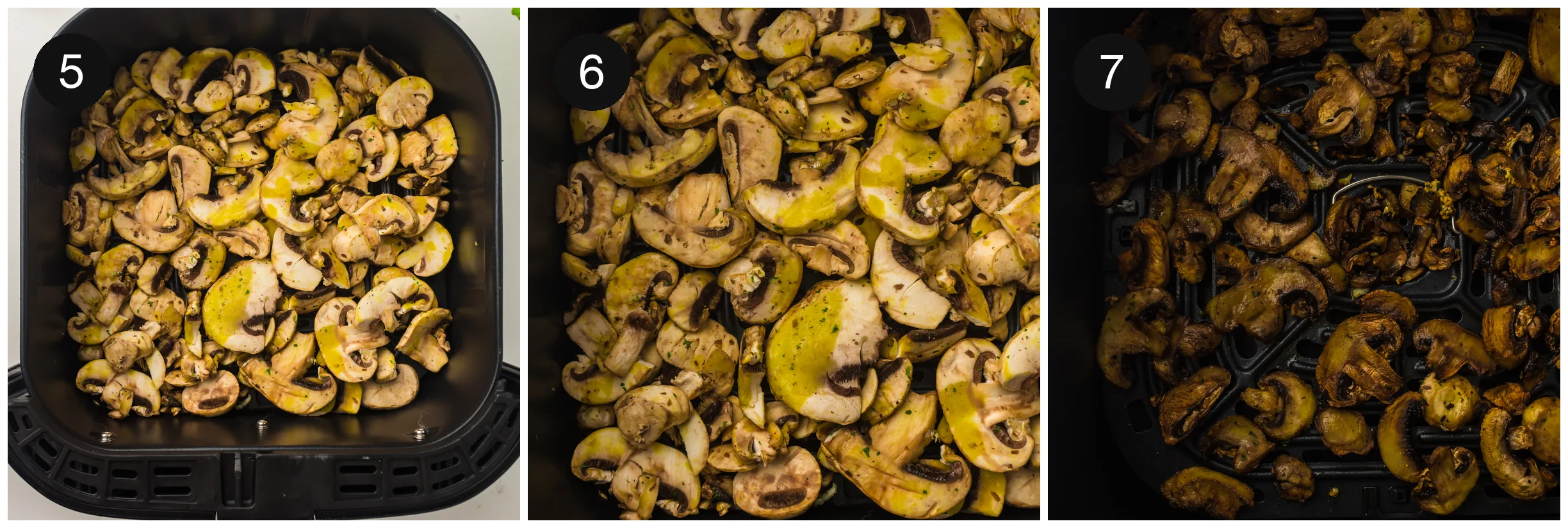Browned mushrooms in the basket after shaking halfway through