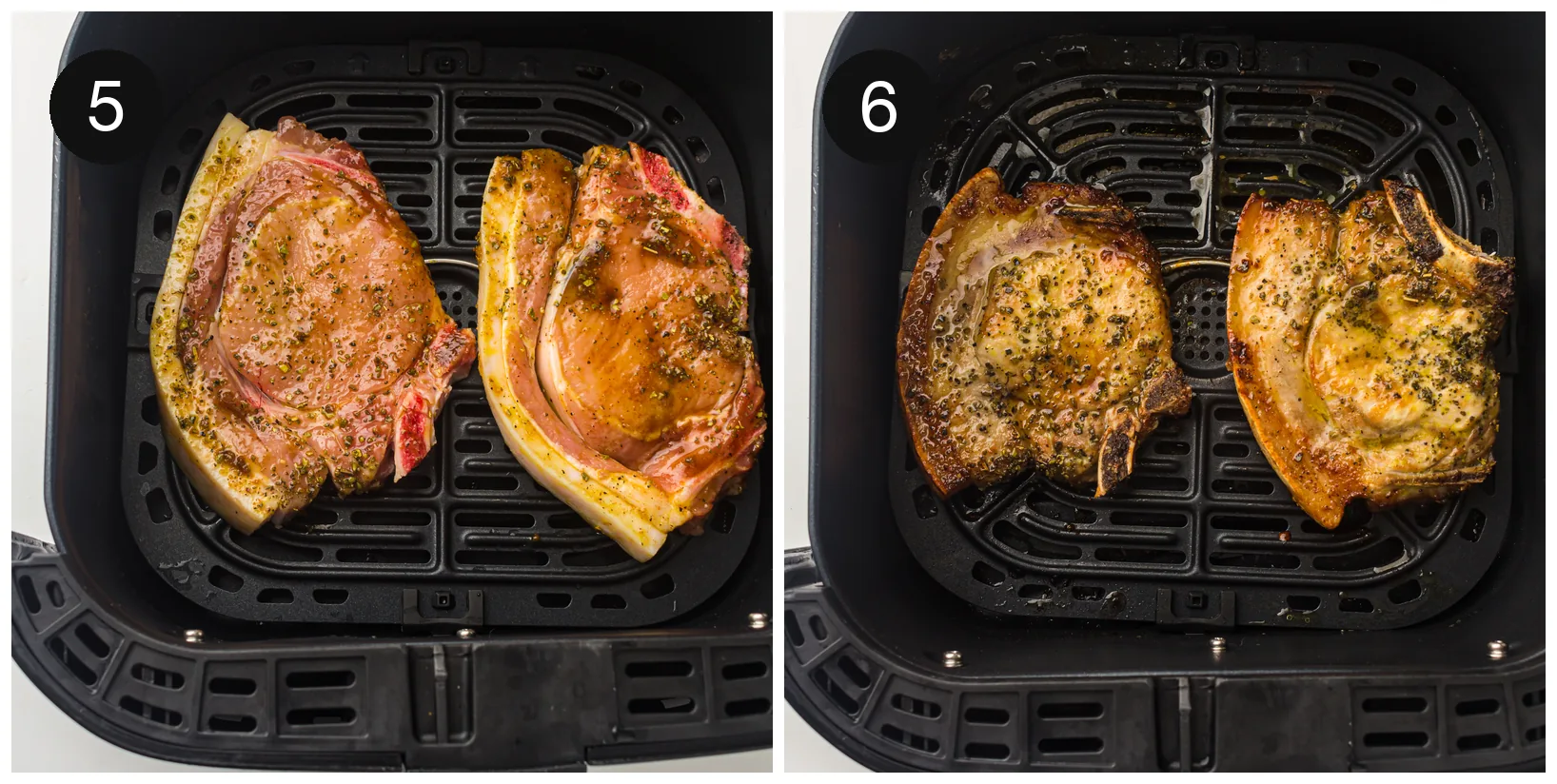 Browned chops in the basket after being turned halfway through