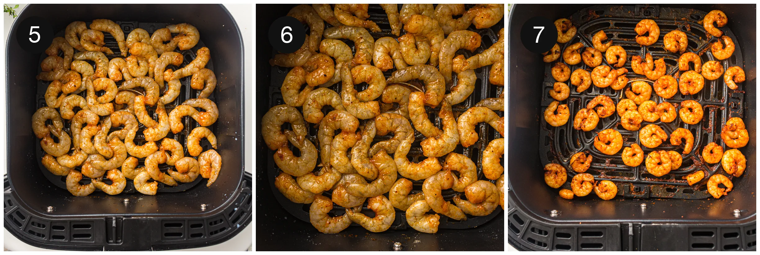 Seasoned prawns spread in a single layer in the basket