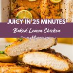 Baked lemon chicken in the dish and sliced to show the juicy centre