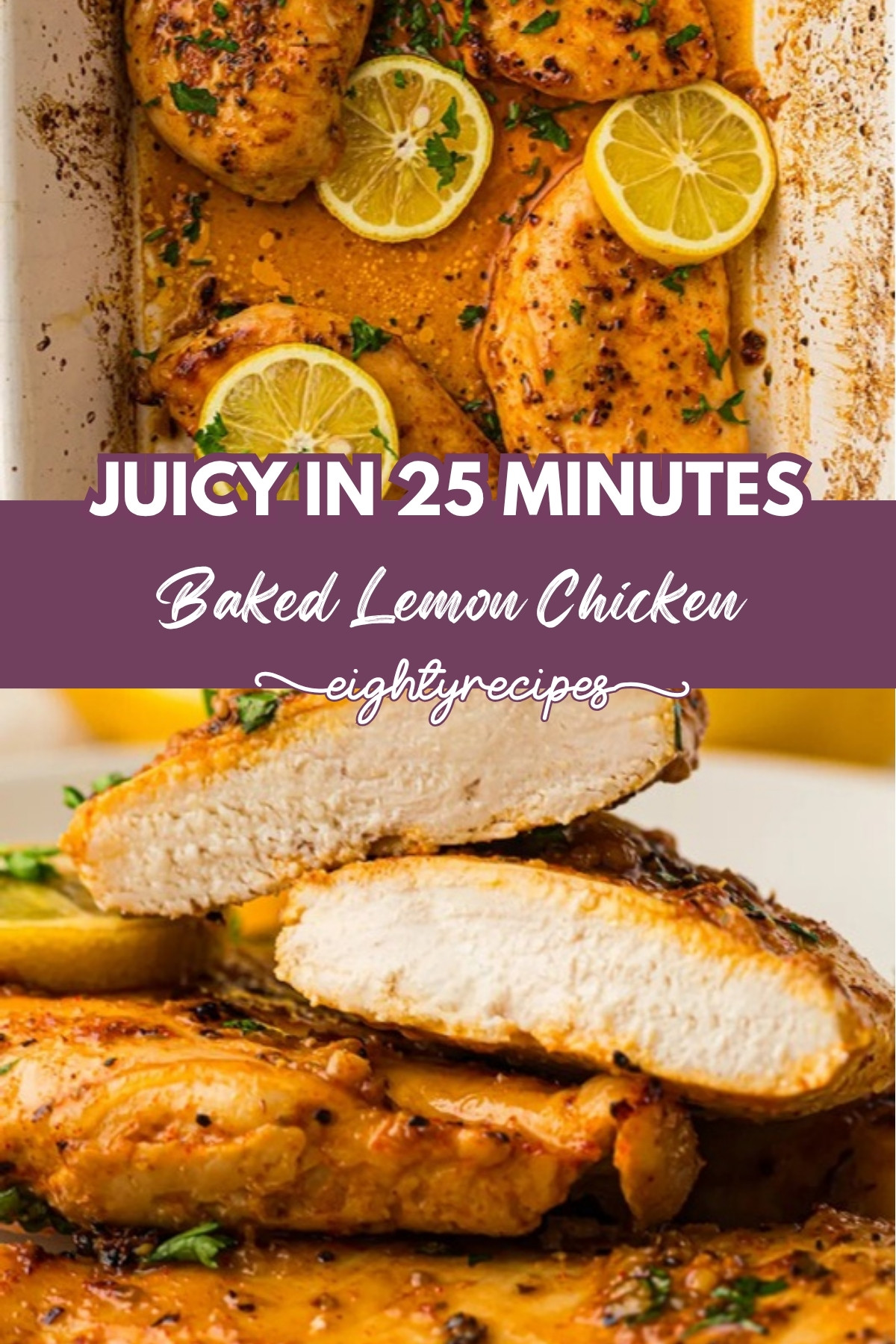 Baked lemon chicken in the dish and sliced to show the juicy centre