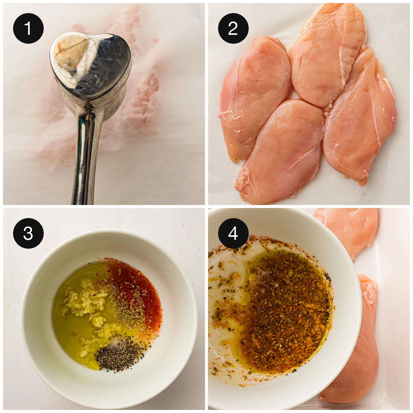 Flattening raw chicken breasts and whisking oil, garlic, zest and spices in a white bowl