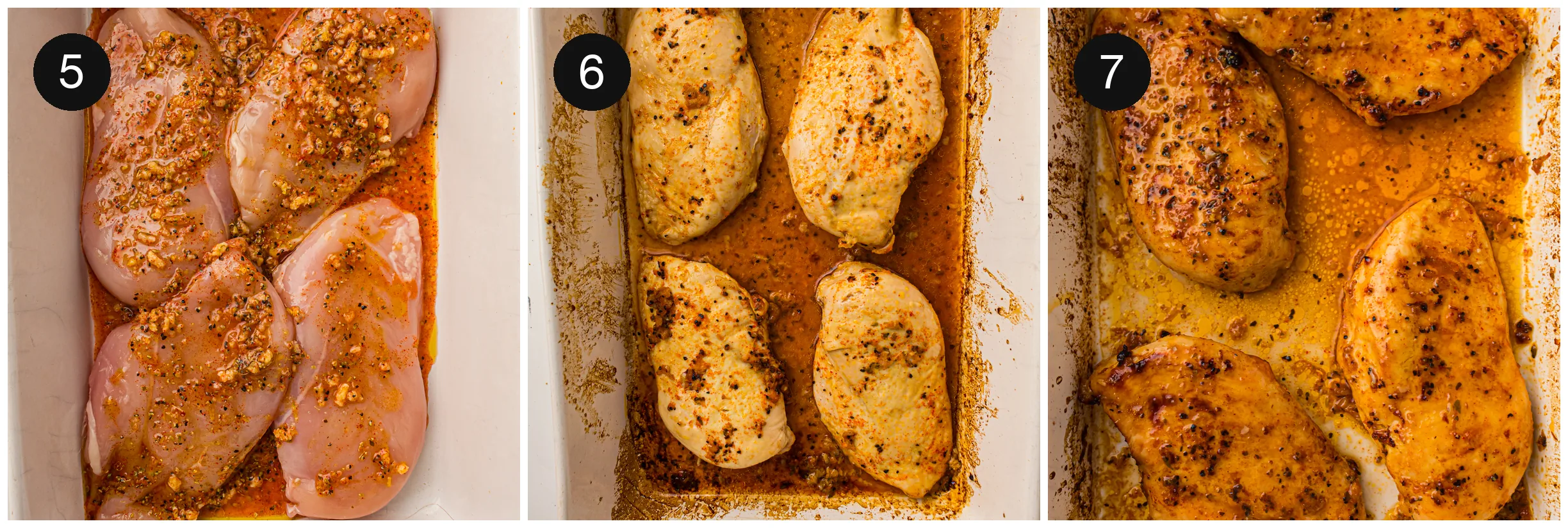 Seasoned breasts in a baking dish before and after roasting in their own juices