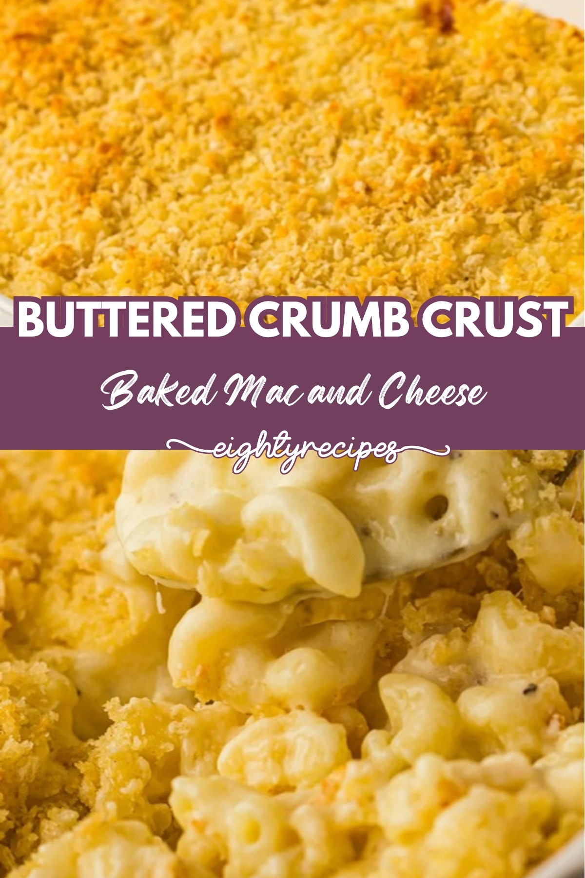 Baked mac and cheese with a crumb crust and a creamy scoop