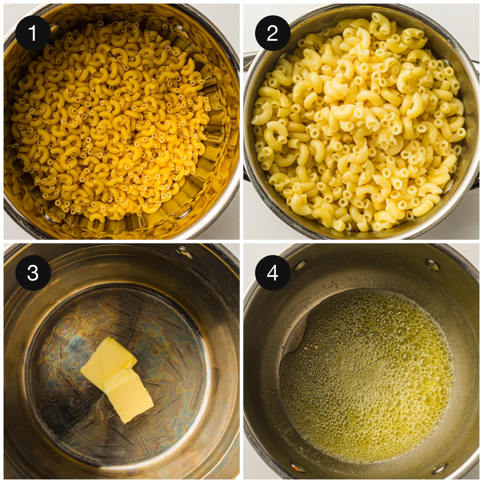 Elbow pasta draining and butter melting in a saucepan ready for the flour