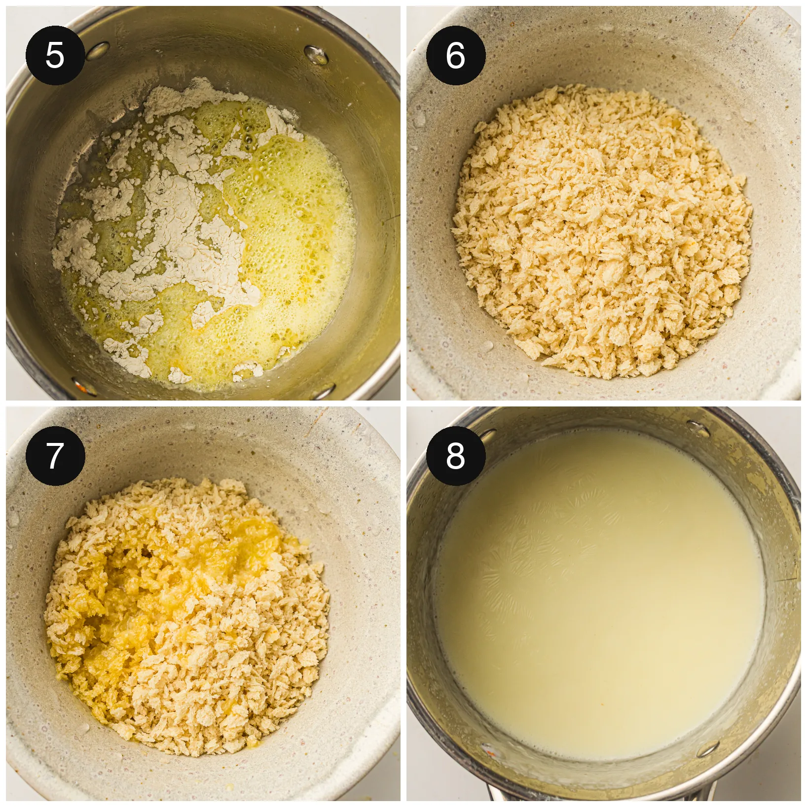 Flour whisked into melted butter, buttered crumbs in a bowl, and thickened milk in the pan