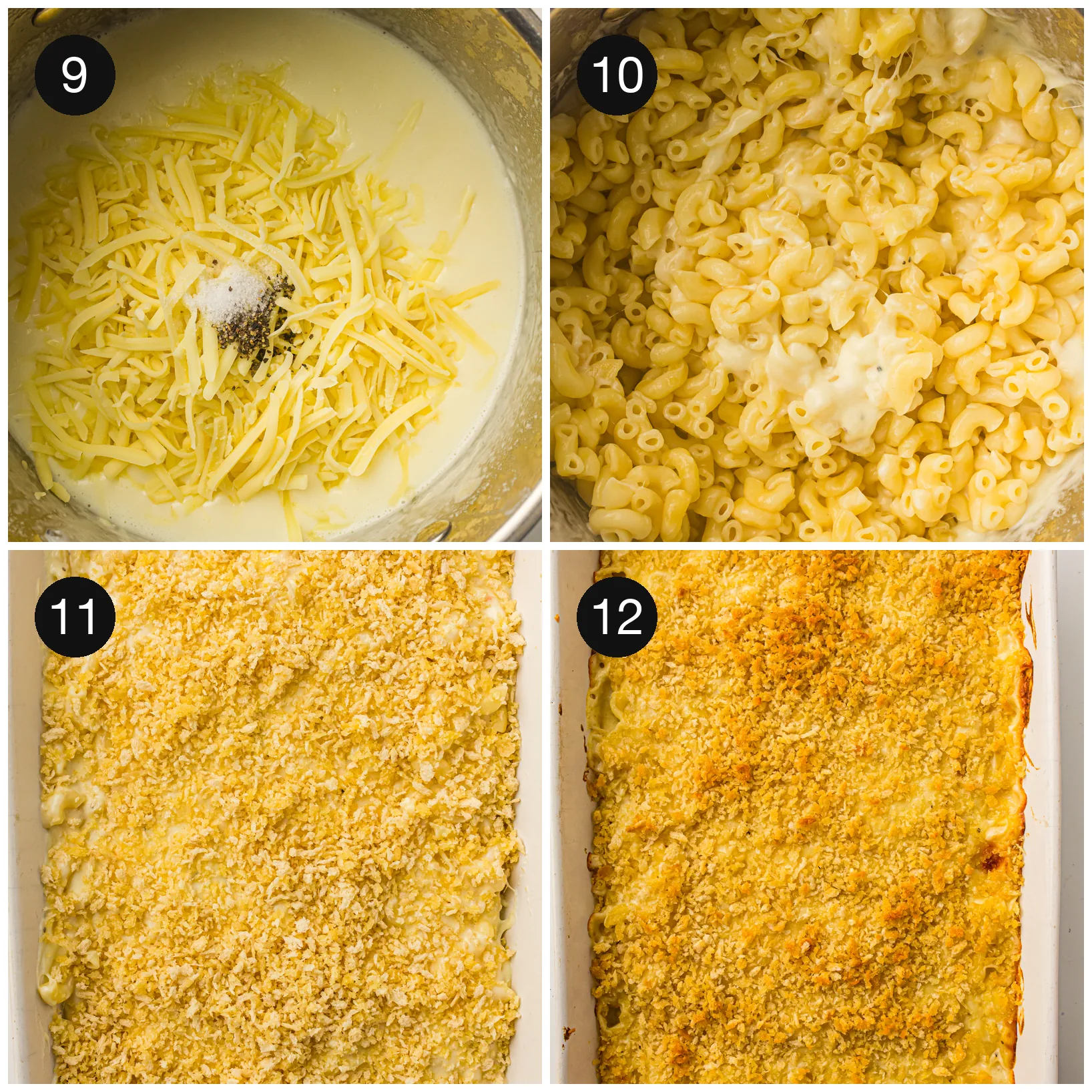 Cheese stirred into the white sauce, folded through the pasta, then crumbed and baked golden