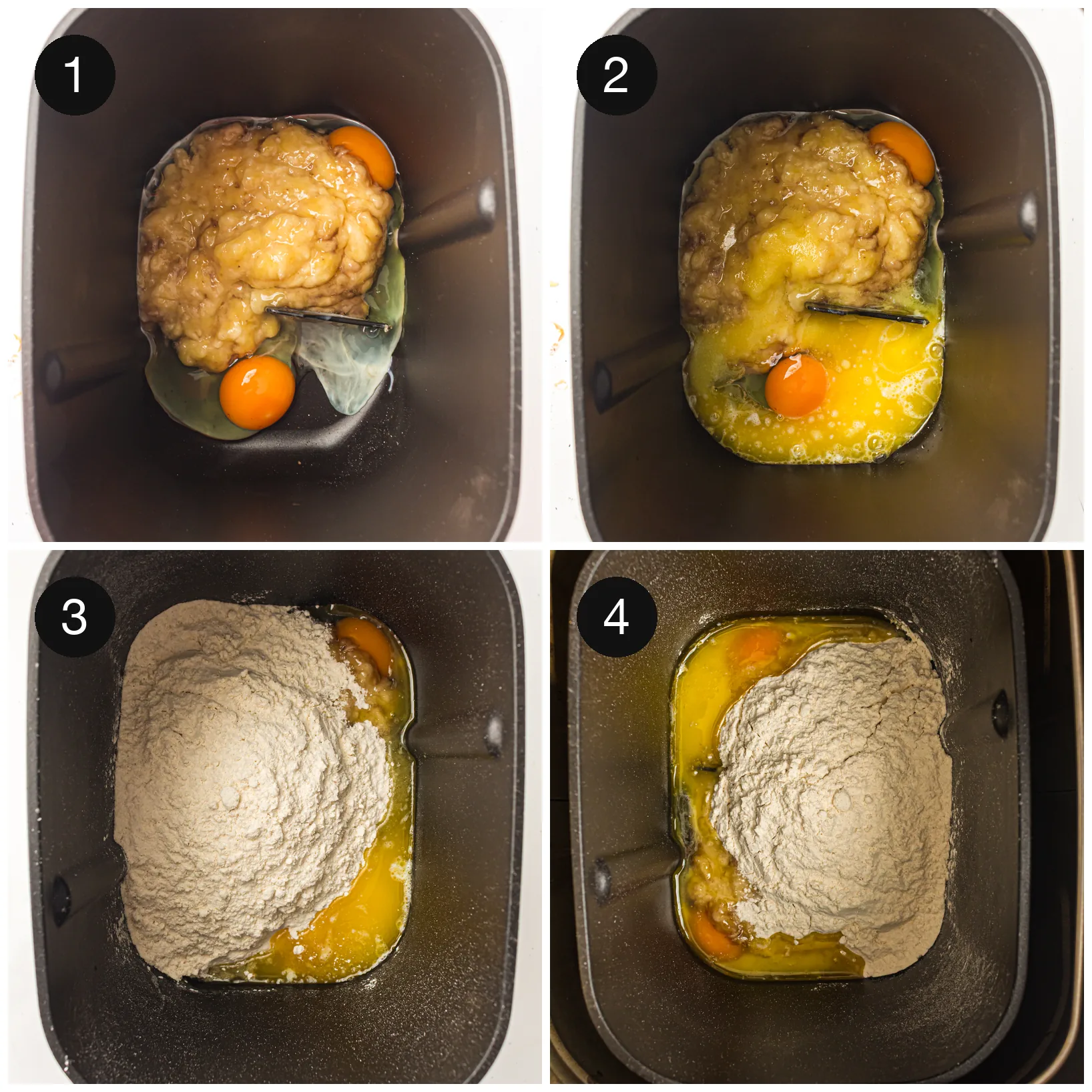 Mashed fruit, eggs and melted butter in the machine pan with flour tipped over the top