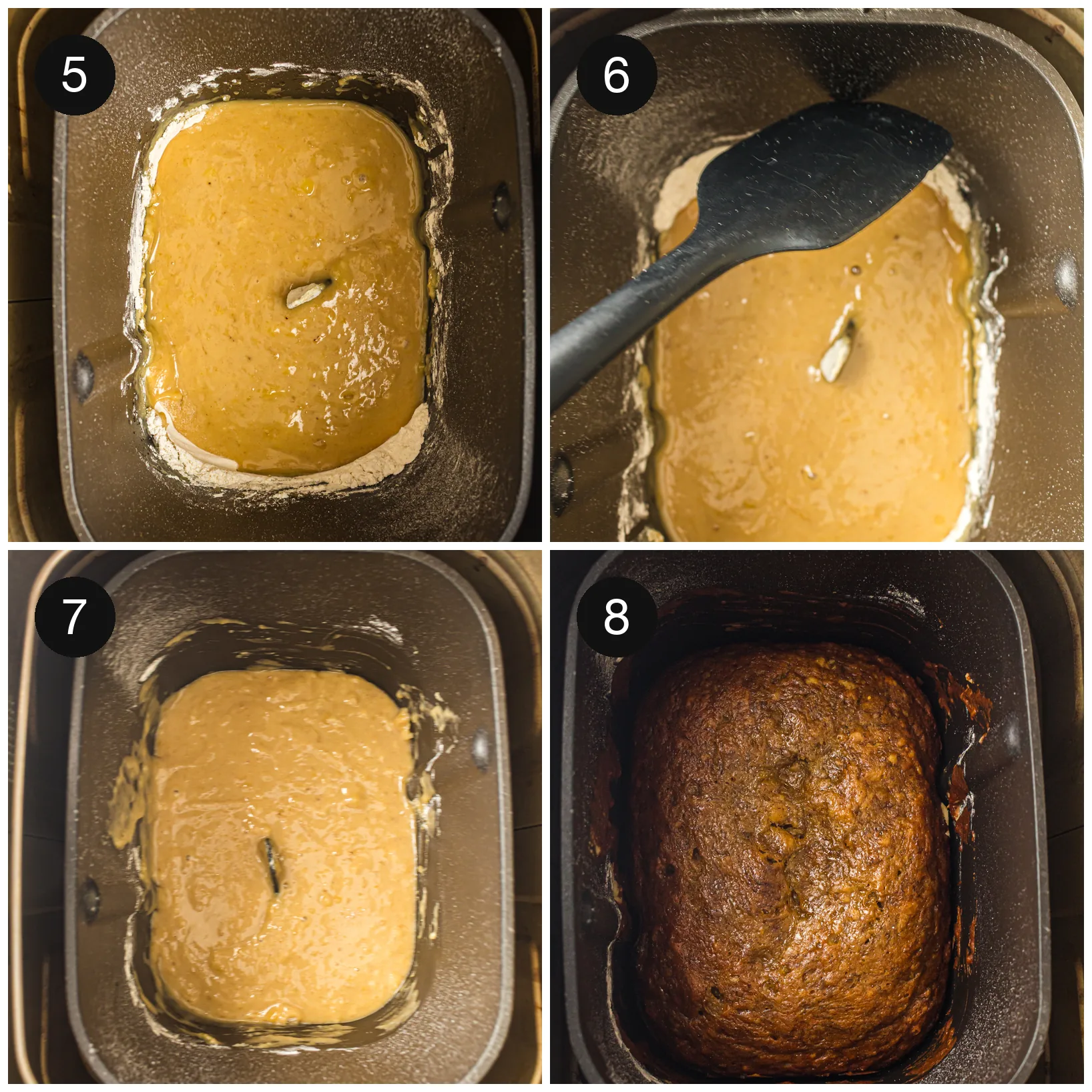 Smooth batter levelled in the pan, then risen and deeply browned at the end of the cycle