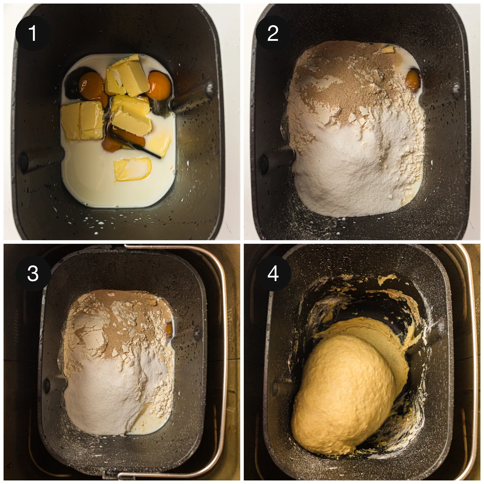 Milk, eggs and butter pieces in the pan with flour tipped over and the dough forming under the paddle