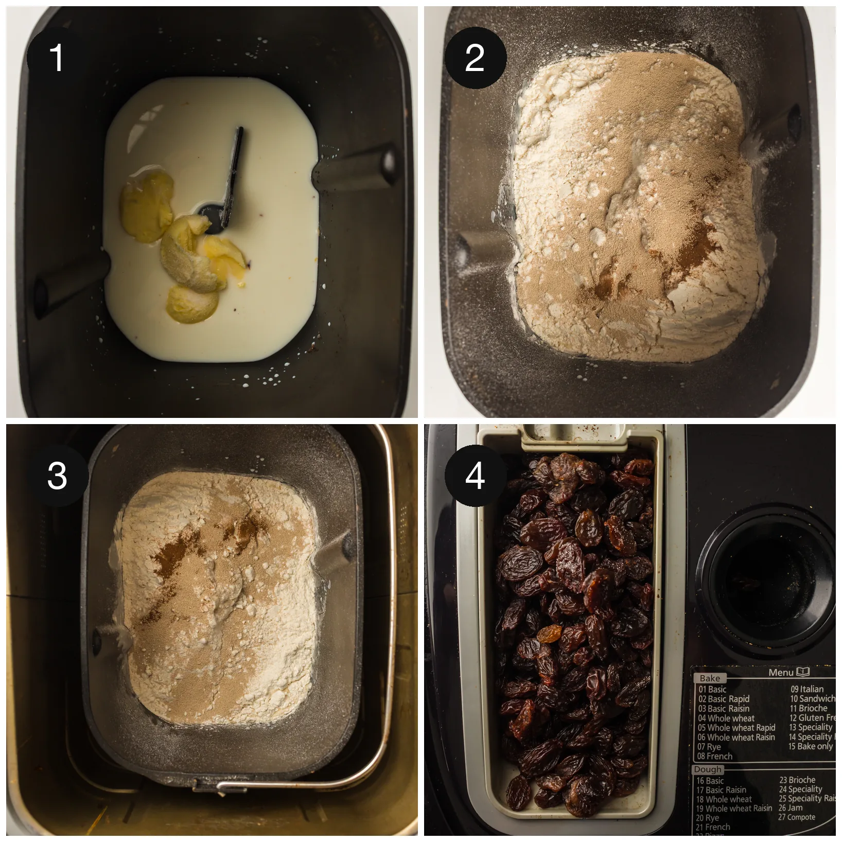 Warm milk and butter in the pan, flour tipped over the top, and raisins loaded into the dispenser