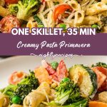 Pasta primavera in the skillet and served on a plate