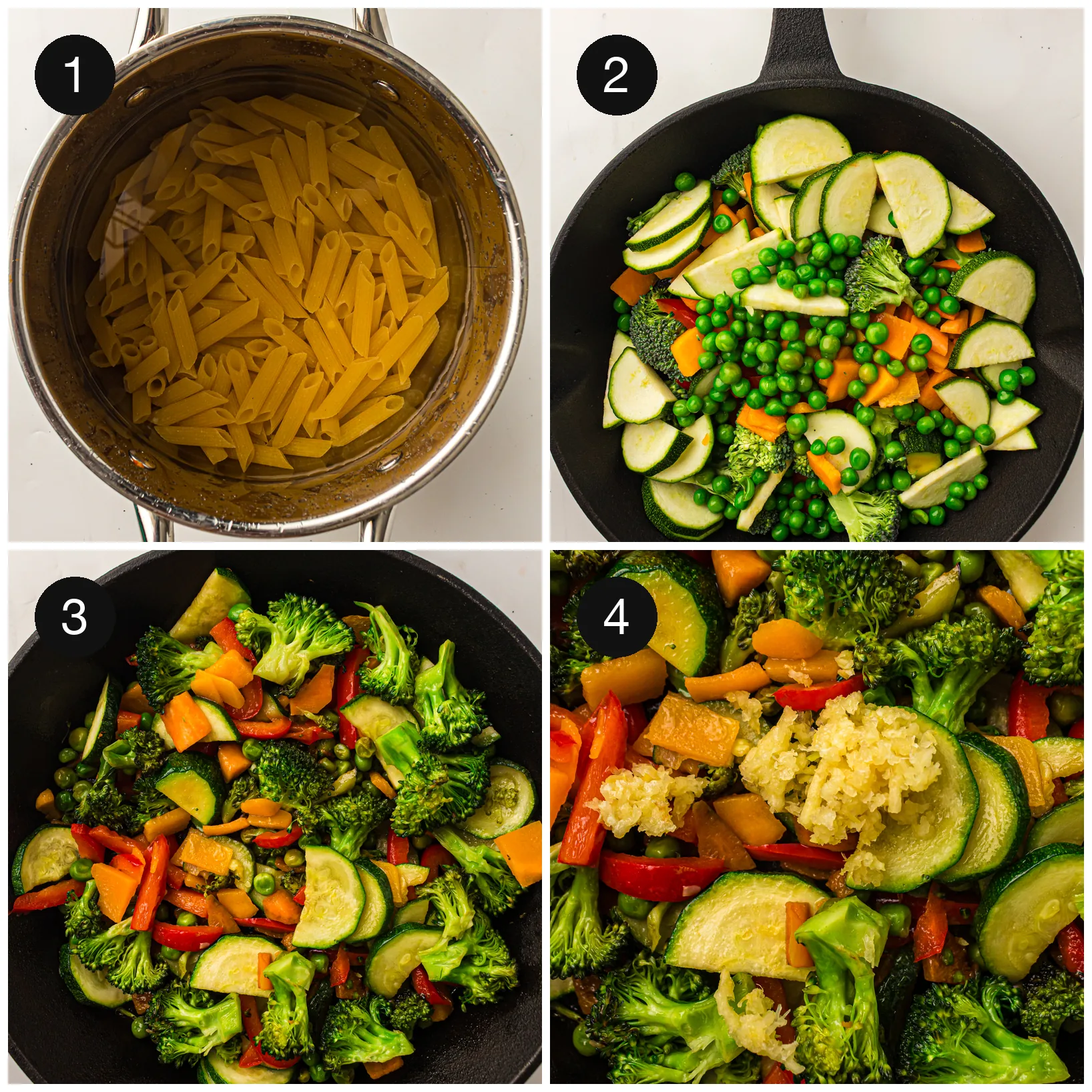 Penne boiling in a pot and sliced courgette, peppers and peas softening in a skillet