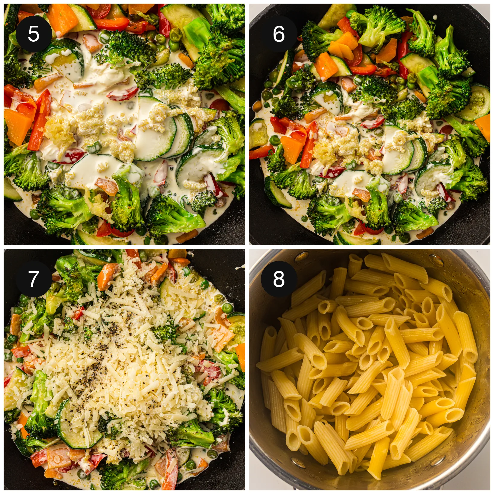Cream and grated Parmesan stirred into the vegetables until the sauce thickens