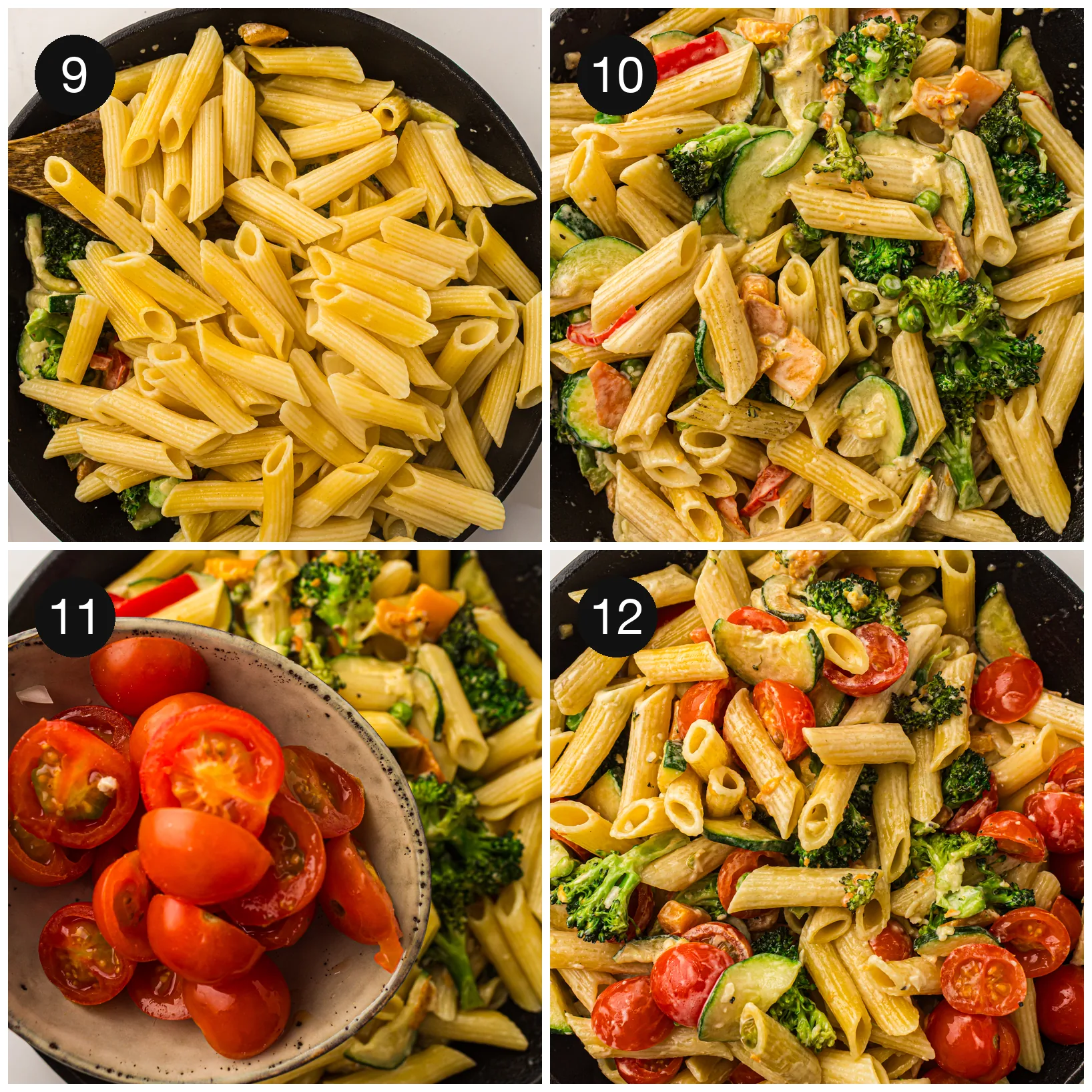 Cooked penne tossed through the creamy vegetables with halved cherry tomatoes folded in