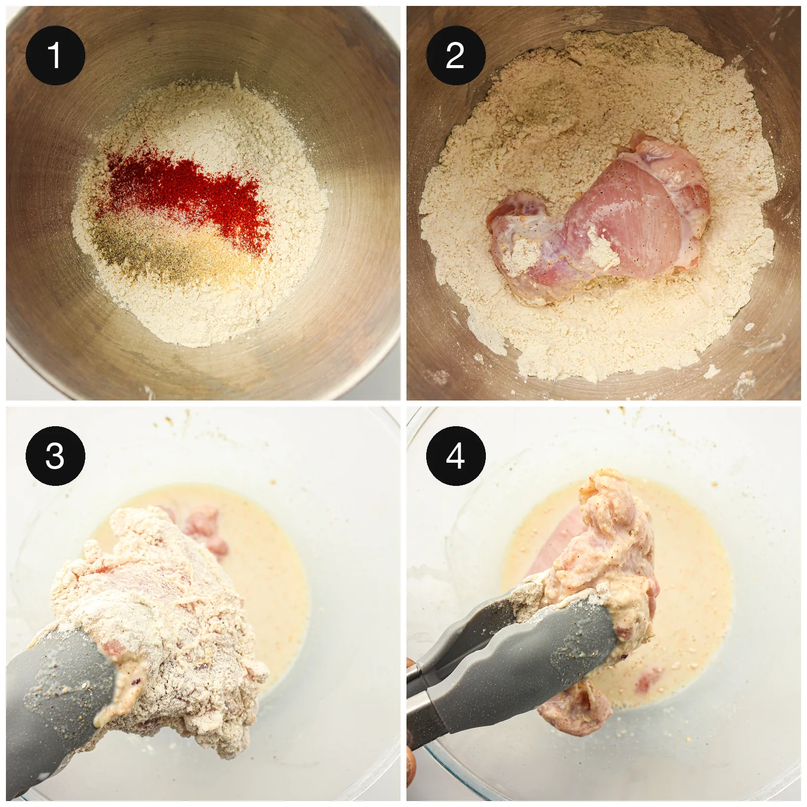 Seasoned flour in a metal bowl with a marinated thigh being turned through it