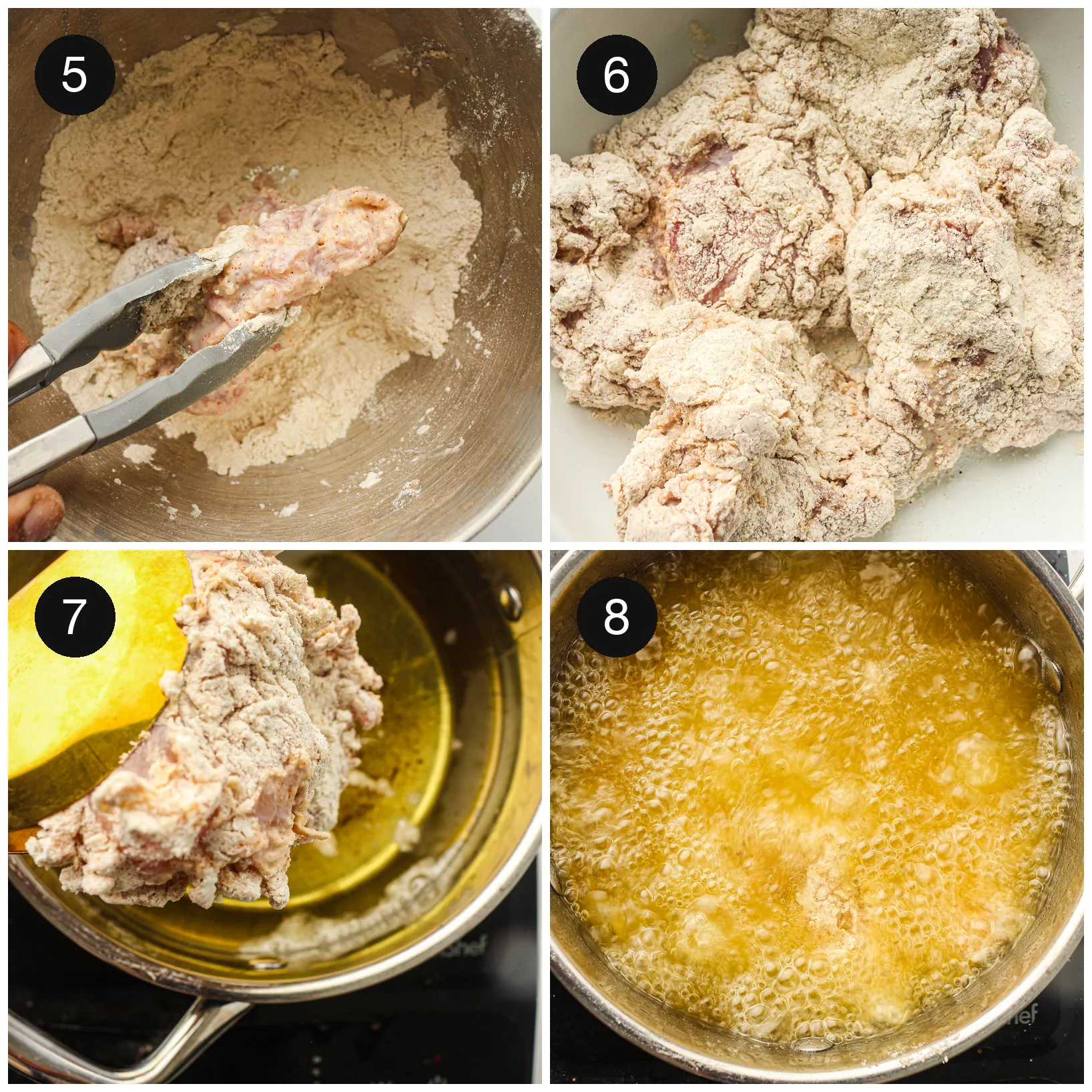 A thickly coated thigh lowered into hot oil and bubbling as it fries