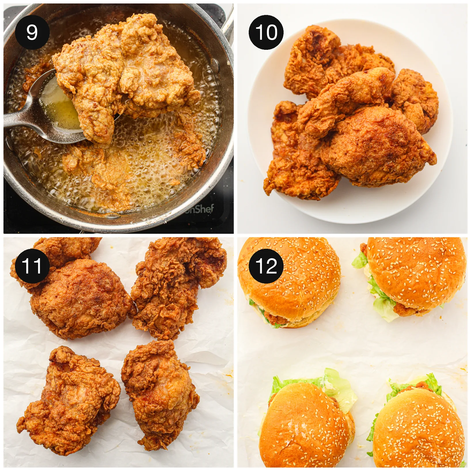 Golden fried fillets lifted from the pan onto a plate, then built into finished buns