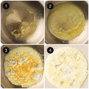 Butter melting in a non stick pan and a thin layer of whites setting into a pale disc