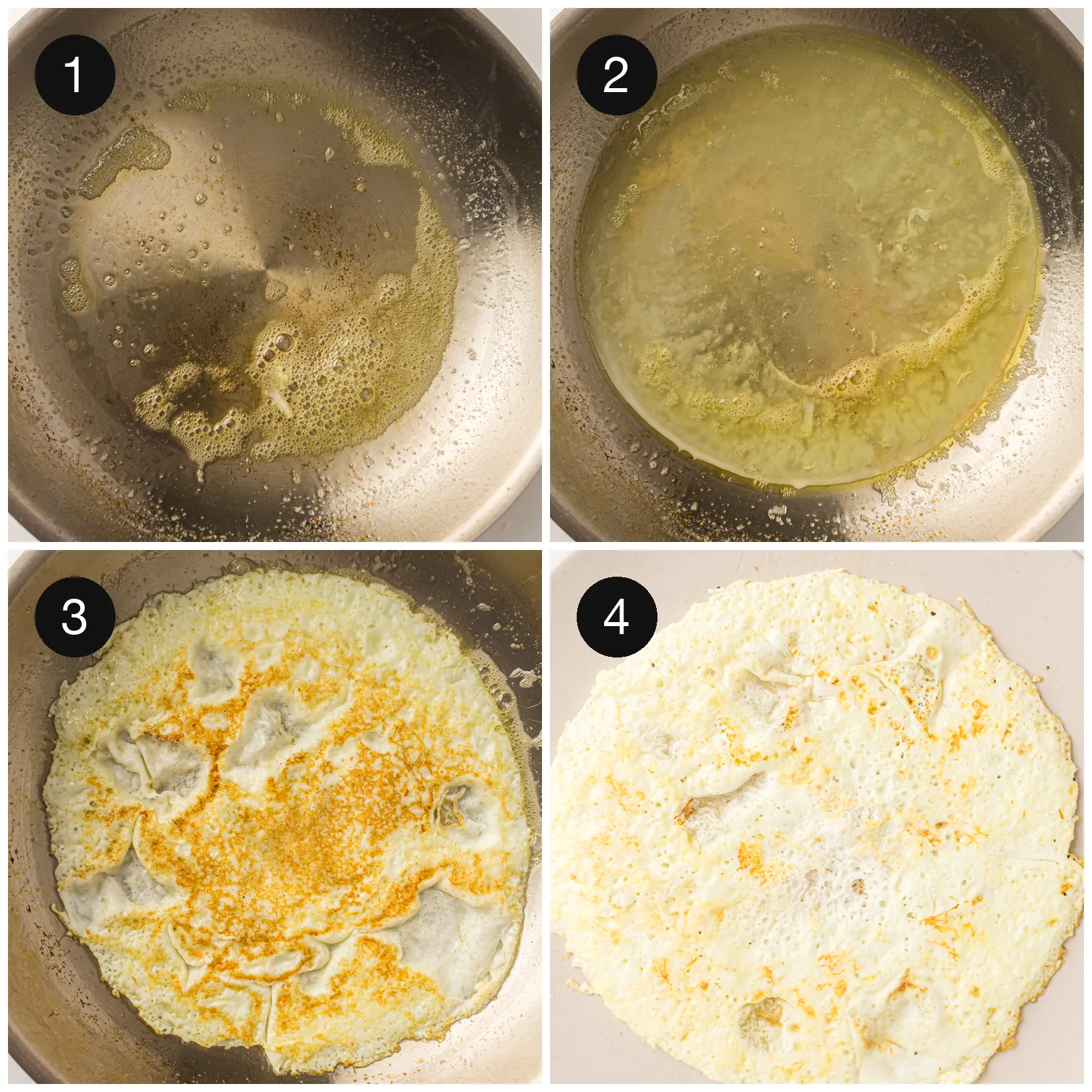 Butter melting in a non stick pan and a thin layer of whites setting into a pale disc