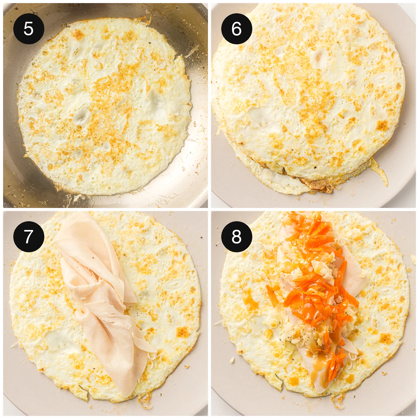 Cooked pale discs stacked on a plate, then filled with sliced turkey, cabbage and carrot