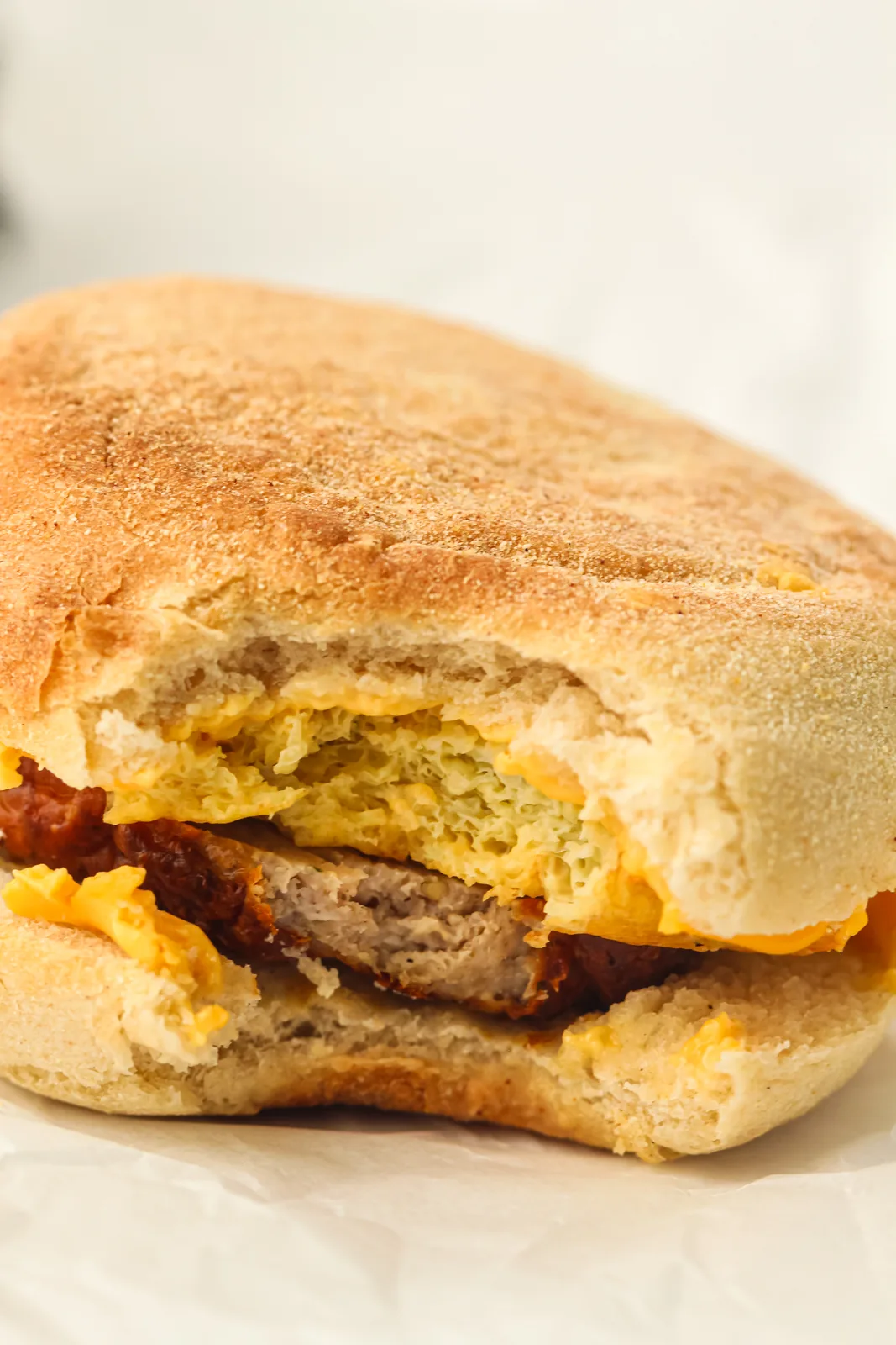 Freezer breakfast sandwiches stacked on parchment with melted cheese and a sausage patty