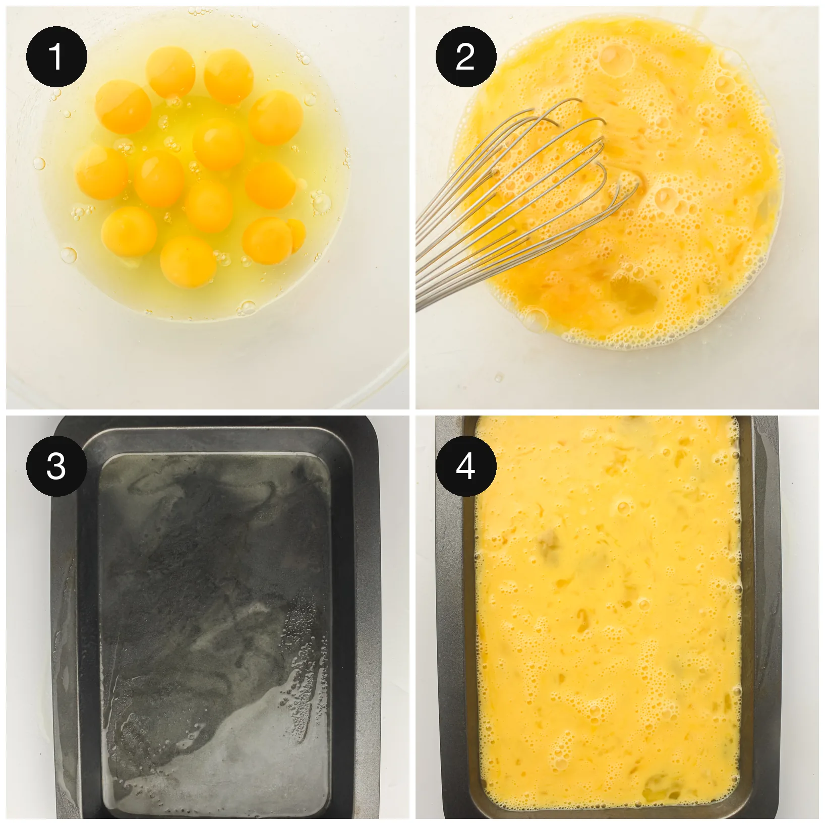 Twelve eggs cracked into a bowl, whisked, then poured into a greased baking tray
