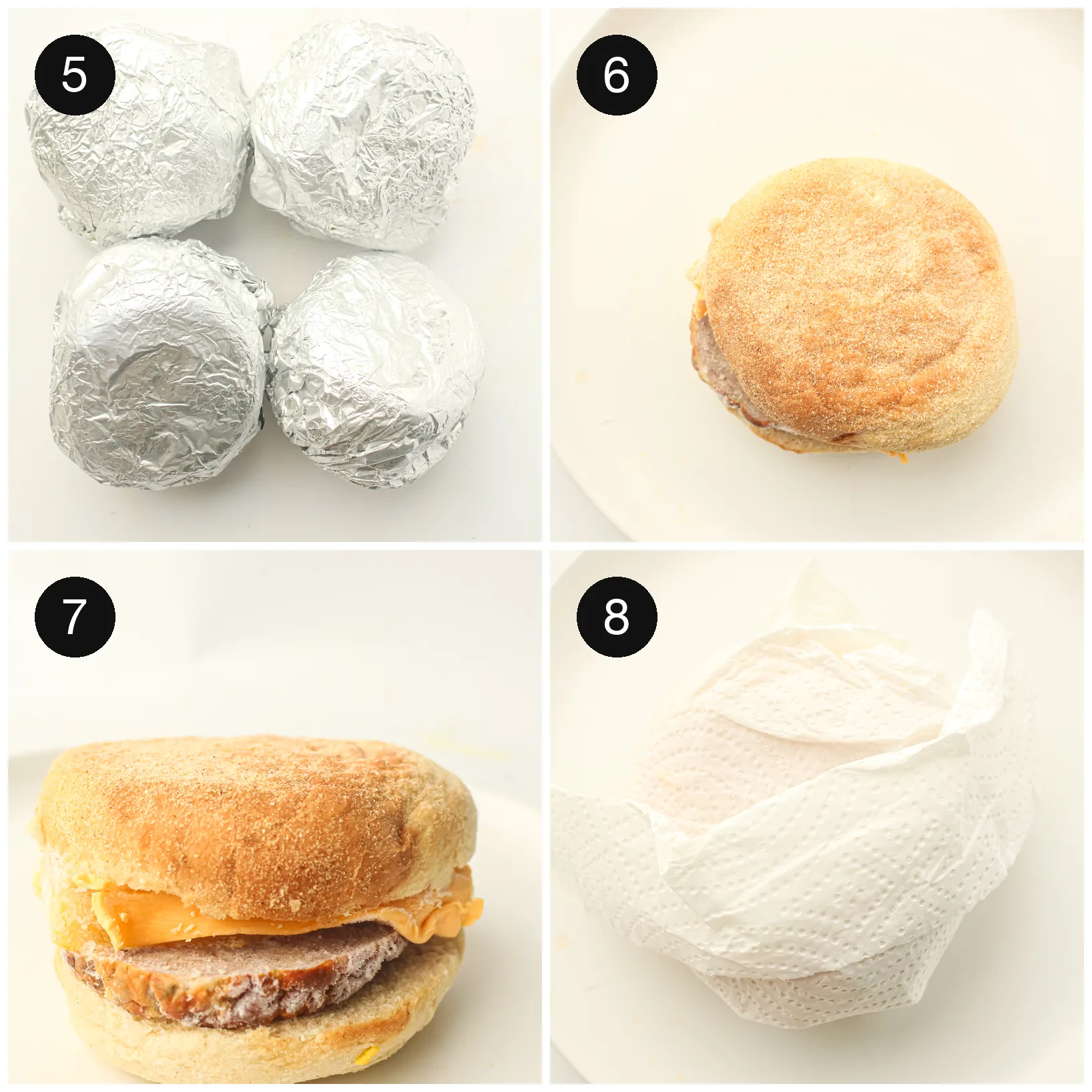 A toasted muffin filled with egg, cheese and sausage, then sealed in foil for the freezer