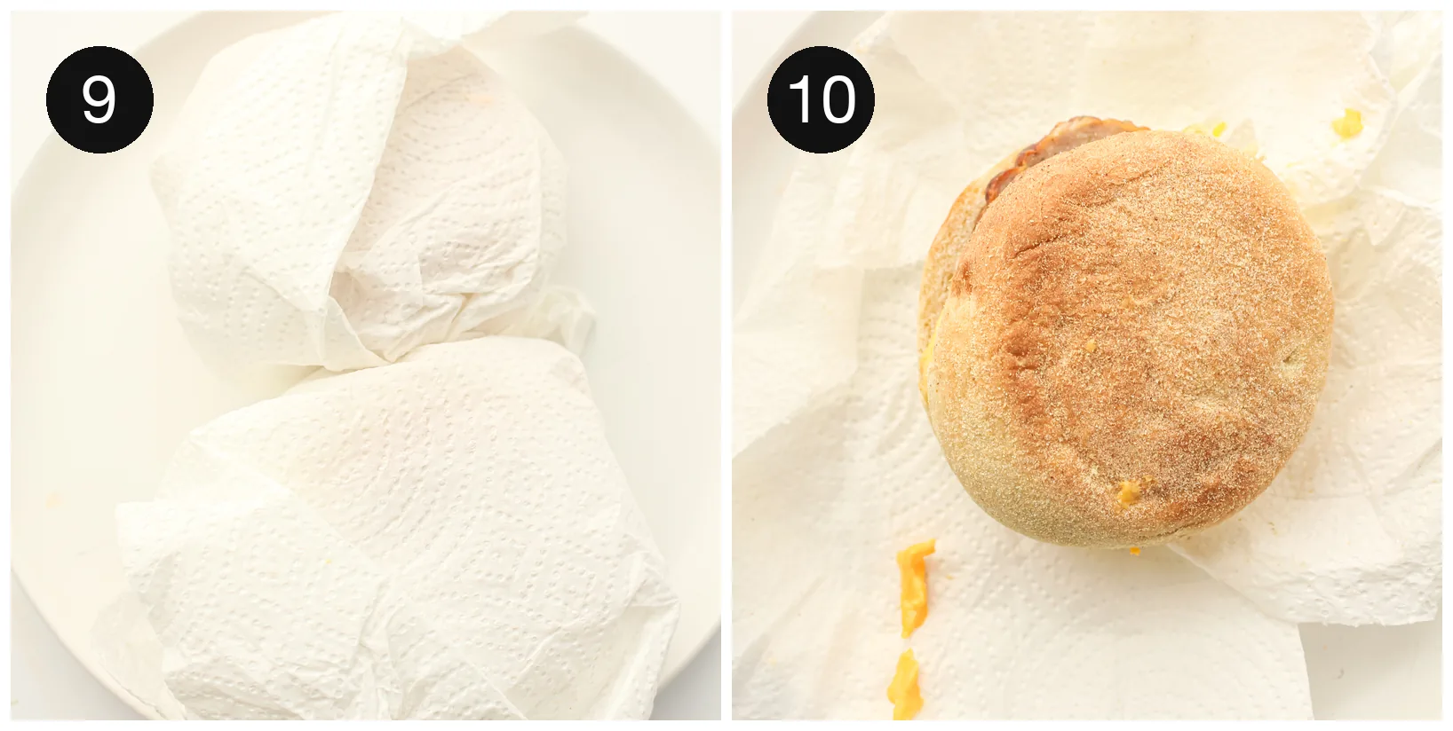A wrapped sandwich in kitchen paper beside a reheated one with a golden toasted crumb